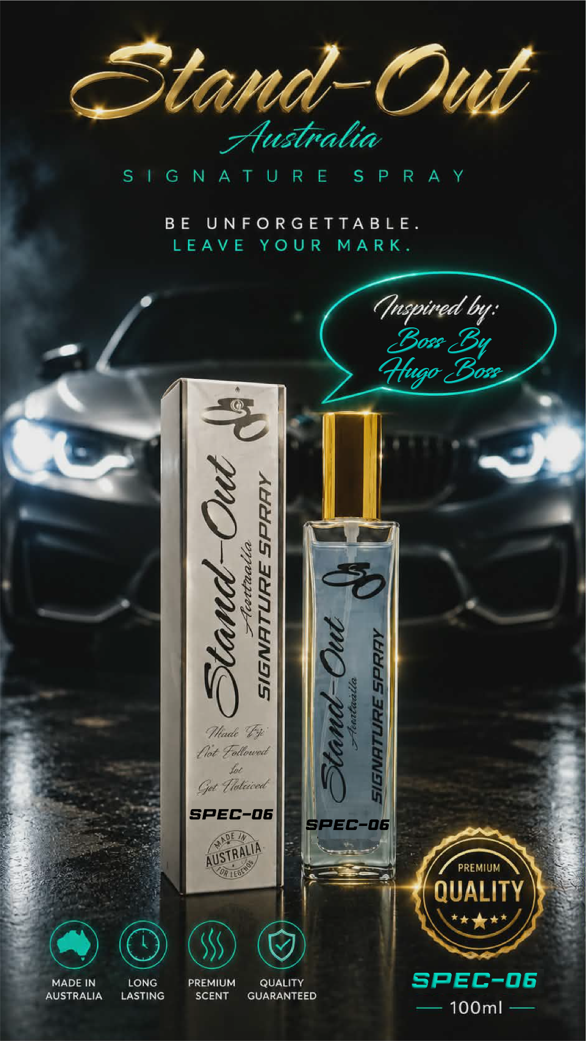 Perfume bottle and packaging with car in the background, featuring 'Stand-Out Australia' branding.